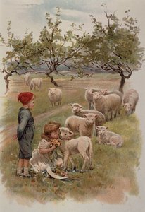 Bambini con agnelli tra le margherite